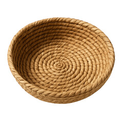 Obraz premium Natural fiber hand woven circular shallow basket with detailed texture and a distinctive spiral pattern.