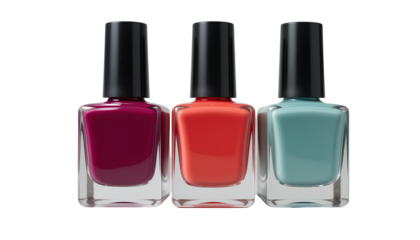Three square bottles of nail polish, arranged in a horizontal row isolated on transparent background