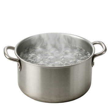 Witness the power of heat as water boils intensely, generating abundant bubbles and steam in a polished metal cooking pot.