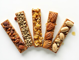 Five slim bars with seeds, nuts, and honey arranged in a fan shape, slightly overlapping. One end has a drop of honey. Top-down, even lighting.