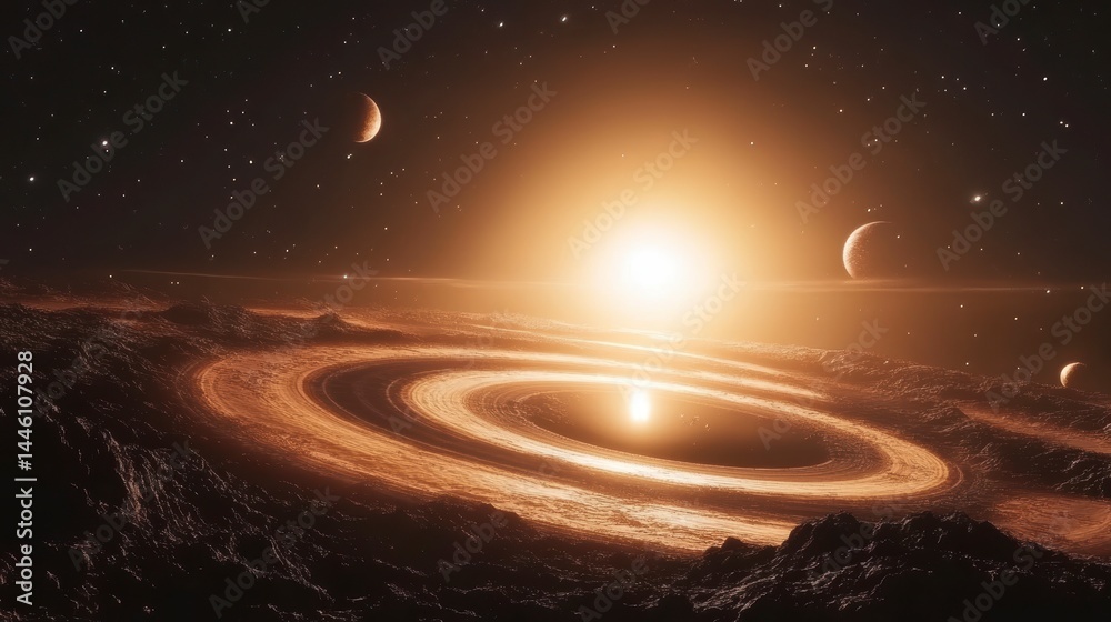 Wall mural planetary ring system orbiting a bright star with planets in a deep space scene.