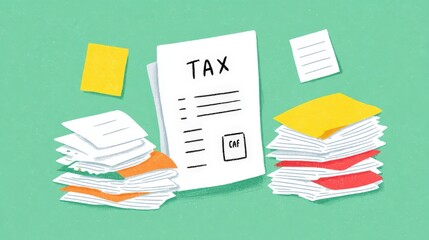 Colorful Tax Documents and Stacks of Paperwork on Green Background