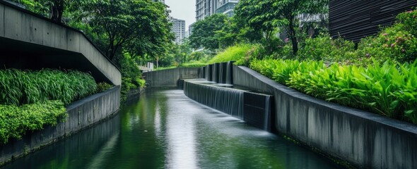 Serene Urban Oasis: Tranquil Canal and Waterfall in Modern Cityscape
