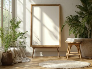 Sunlit Interior with Minimalist Decor: A Blank Canvas on a Wooden Easel, Harmonized by Natural Light and Lush Greenery creating a Spa Ambience