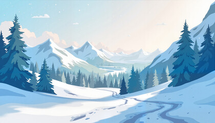 Fototapeta premium Serene winter hiking trail through snow-covered mountains, nature exploration