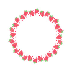 Strawberry and heart circle frame in cartoon style. Flat round wreath with red fruits and tiny hearts. Cute vector border for kids, summer food and sweet design themes.
