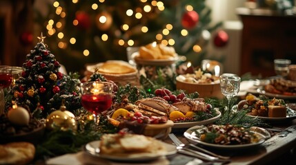 Festive Christmas dinner spread on a beautifully decorated table.