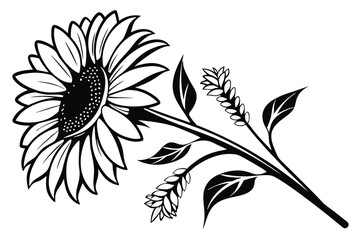 Sunflower with Leaves & Wheat Sprout, Black & White Floral Elements, Isolated