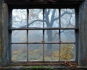 Fototapeta premium Misty autumn scene viewed through old window