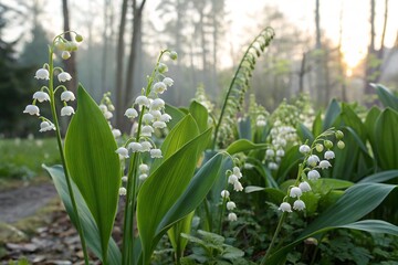 Obraz premium White Lily of the Valley Flowers in Bloom with Green Leaves – Spring Nature Background