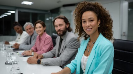 Obraz premium Diverse Business Team of Professionals Sitting at Conference Table in Modern Office Meeting Room