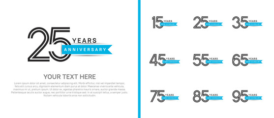logo anniversary set. black color with blue ribbon on white background for special event