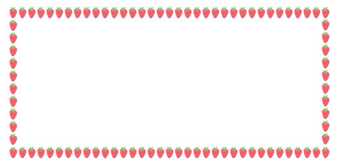 Rectangular frame made of cartoon strawberries. Flat red fruit border with green tops. Vector design for summer food themes, kids projects and cute illustrations.