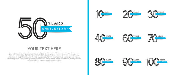 logo anniversary set. black color with blue ribbon on white background for special event