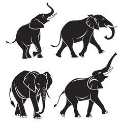 Silhouette of Four African Elephants Walking and Raising Trunks, Isolated on White