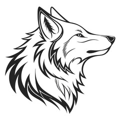 Striking Black and White Wolf Head Profile, Bold Outline Style, Detailed Fur Texture