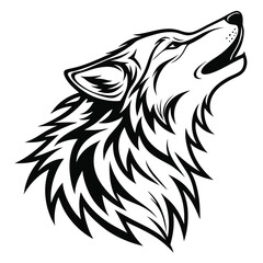 Stylized Howling Wolf Silhouette, Tribal Art, Canine Design, Animal, Black and White