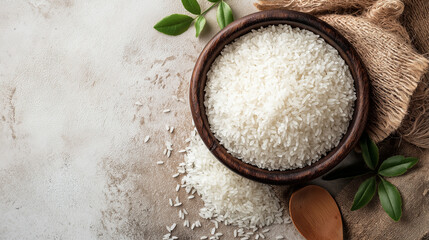 White rice in wooden bowl on white background top down view