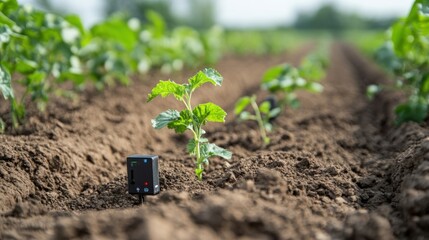 Young plants in a field with a sensor