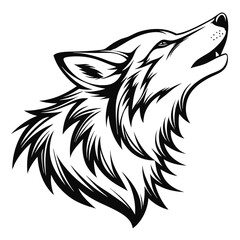 Black and White Howling Wolf Head with Detailed Furry Texture Design