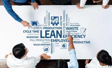 A dynamic workspace featuring a collaborative approach to lean management concepts, highlighting efficiency, waste reduction, and team engagement strategies for improved outcomes. Amity