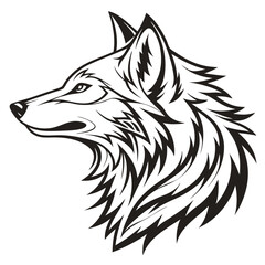 Stylized Wolf Profile Black and White, Detailed Fur Texture, Canine Animal, Predator