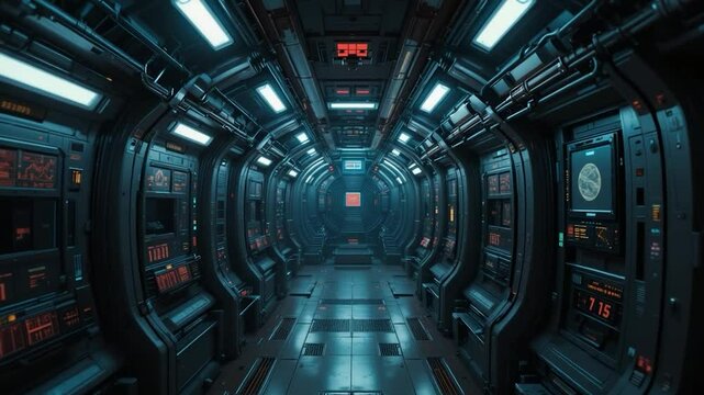 Futuristic corridor interior spaceship tunnel technological design illustration