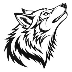 Stylized Black and White Wolf Head Howling Upward, Isolated on a Clean White Background