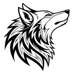 Striking Black & White Silhouette of a Wolf Head Looking Upward, Isolated