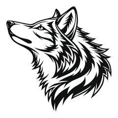 Silhouette of Wolf Head Looking Upward Detailed Black and White Art