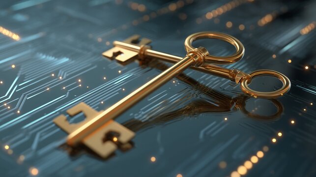 Golden Keys to Digital Security: A striking close-up showcases two ornate golden keys resting on a futuristic circuit board, symbolizing access, security.