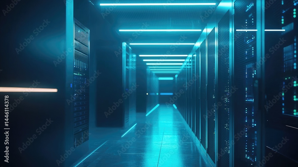 Poster Server hallway with glowing blue overhead lights in a futuristic data center, ideal for cybersecurity and artificial intelligence themes