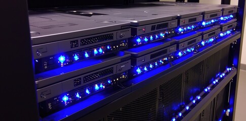 Close-up of modern server racks with vibrant blue LEDs, suitable for IT infrastructure, database solutions, and cloud storage concepts