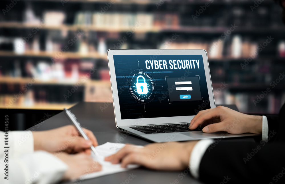 Poster cyber security system on computer screen protect private information brisk from hacker and cyber att