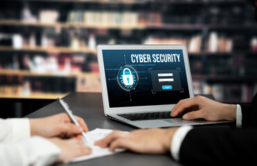 Cyber security system on computer screen protect private information brisk from hacker and cyber...