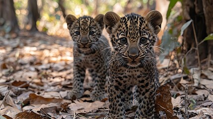 Naklejka premium Two adorable leopard cubs in forest