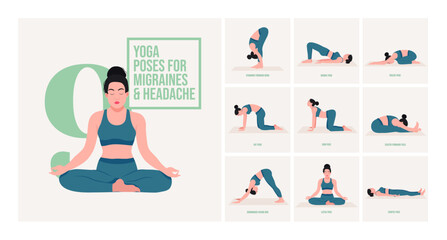 Obraz premium yoga poses for Migraines & Headache. Young woman practicing Yoga pose. Woman workout fitness, aerobic and exercises. 