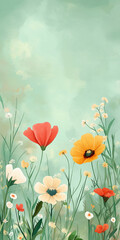 Fototapeta premium Soft watercolor wildflowers on green background, delicate spring floral illustration for nature-themed design 