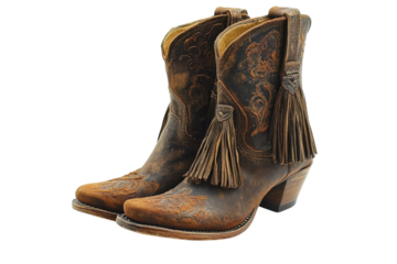 Elegant brown leather boots with tassels detailed embroidery distressed look stylish western ankle