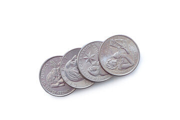 Close up of four quarter coins dollar USA on transparent background. PNG file