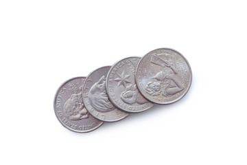 Close up of four quarter coins dollar USA on transparent background. PNG file