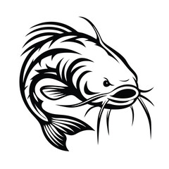 Black and White Stylized of a Catfish with Detailed Fins & Whiskers