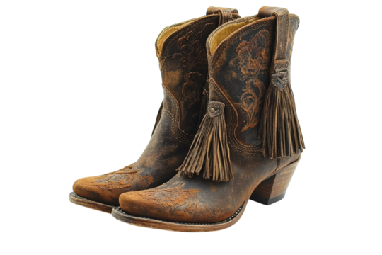 Elegant brown leather boots with tassels detailed embroidery distressed look stylish western ankle