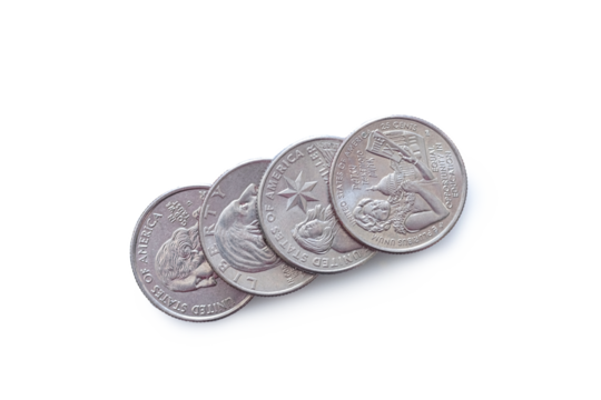 Close up of four quarter coins dollar USA on transparent background. PNG file