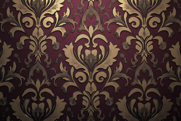 Intricate gold floral pattern on a burgundy background, textured damask design, elegant and luxurious, suitable for various design projects
