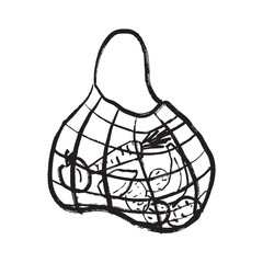 Eco friendly mesh for shopping fruits and vegetables in black brush stroke texture isolated on white. Hand drawn vector sketch illustration in vintage charcoal ink. Environment, zero waste