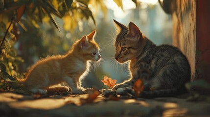 Obraz premium Two adorable kittens, facing each other, in sunlight