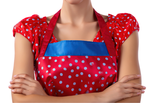 Woman wearing a red polka dot apron and dress cooking chef food home girl on transparent background