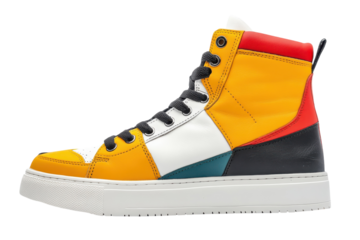 Bold multi colored high top sneakers vibrant yellow white red and black leather panels stylish