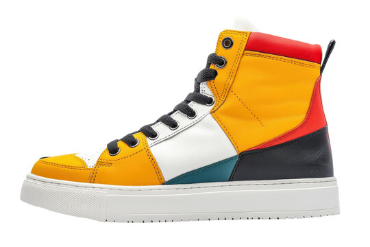 Bold multi colored high top sneakers vibrant yellow white red and black leather panels stylish